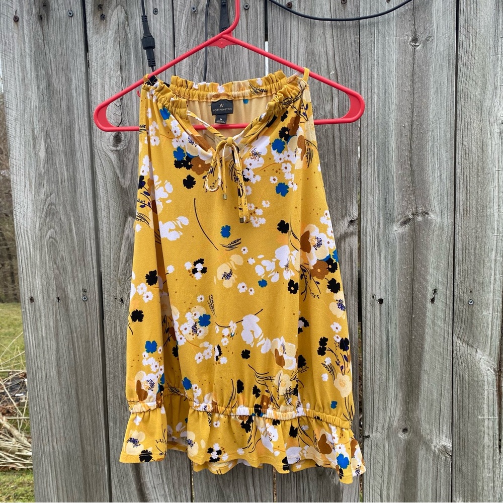 Yellow Floral Sleeveless Blouse | Ruffle Neck‎ | Lightweight | Summer Top | Boho